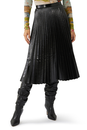 Lacquered Canvas Pleated Midi Skirt